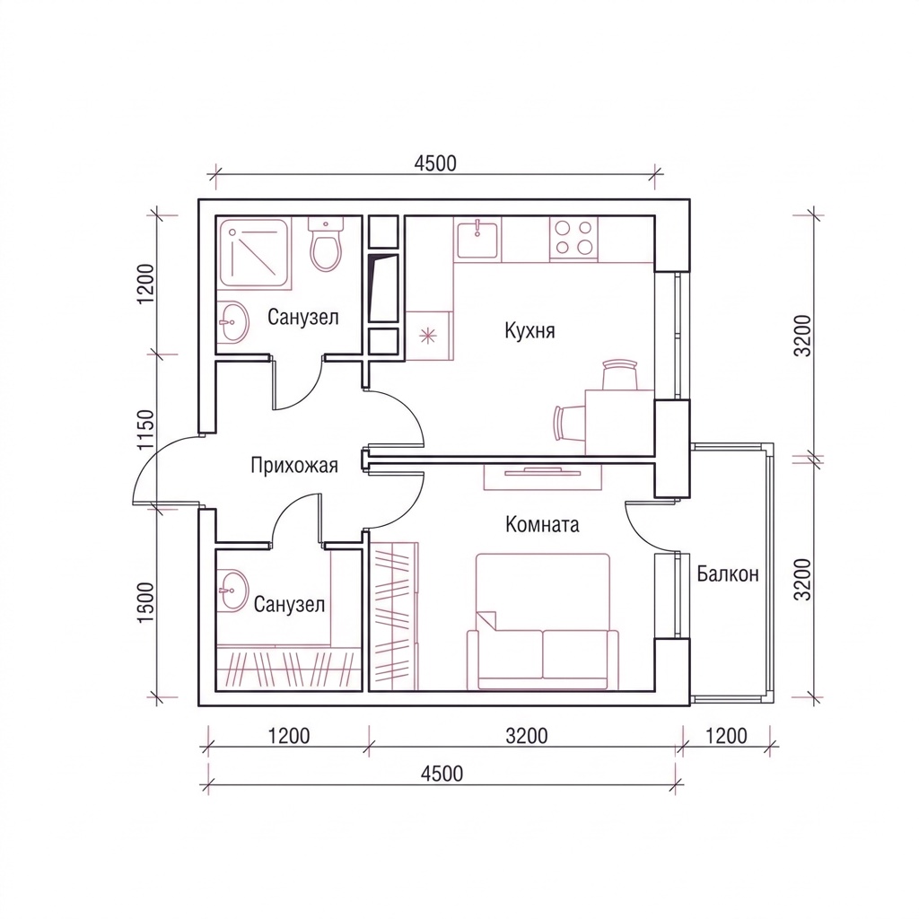 Планировка 1-комнатная квартиры 38,47 м² в ЖК Волга