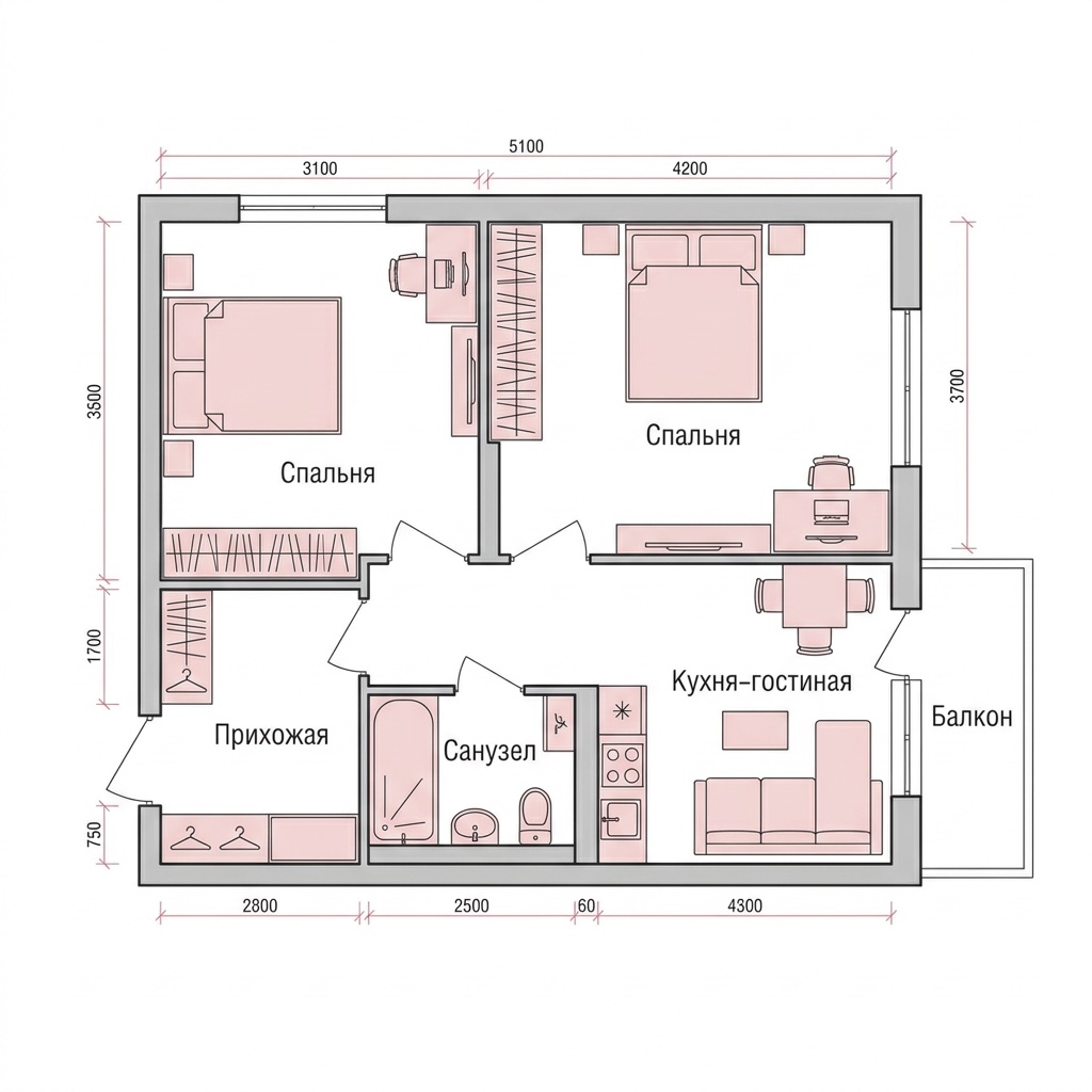 Планировка 2-комнатная квартиры 56,36 м² в ЖК Волга