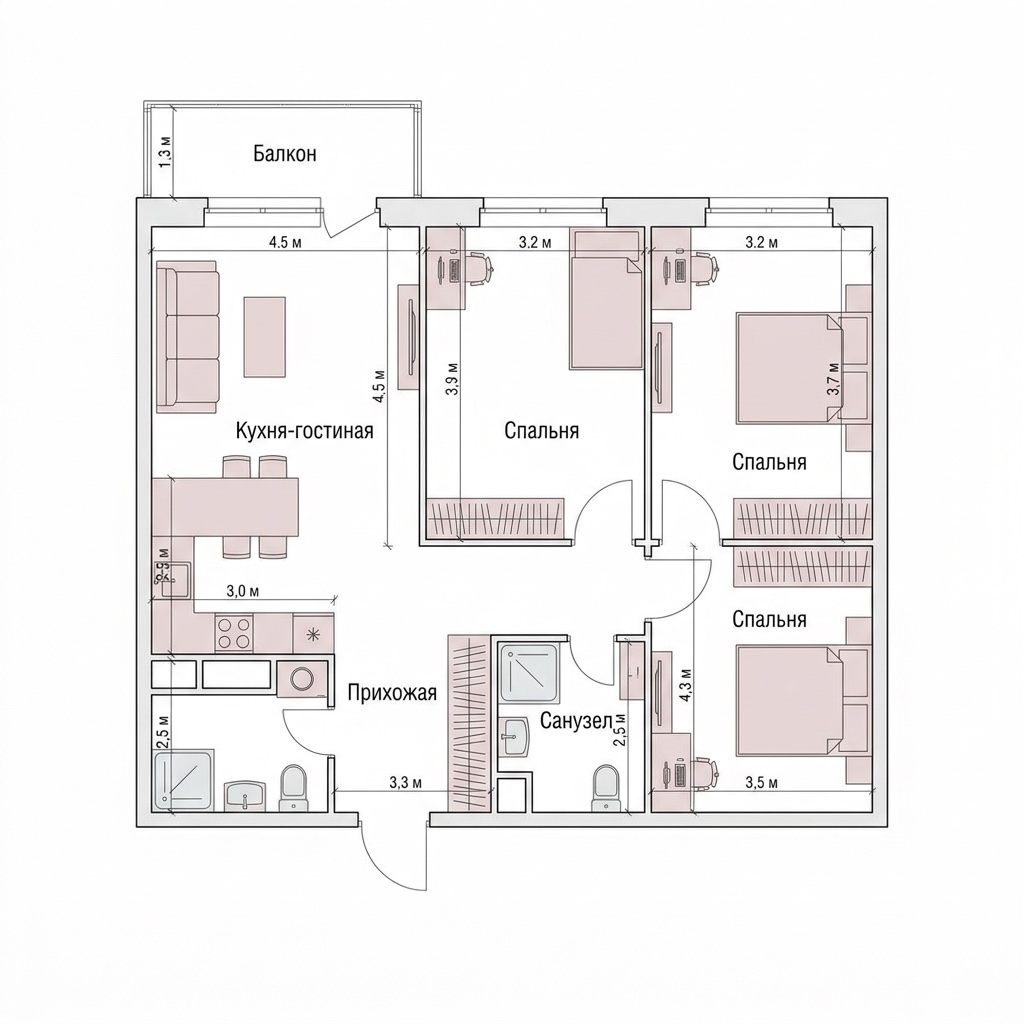 Планировка 3-комнатная квартиры 85,46 м² в ЖК Волга