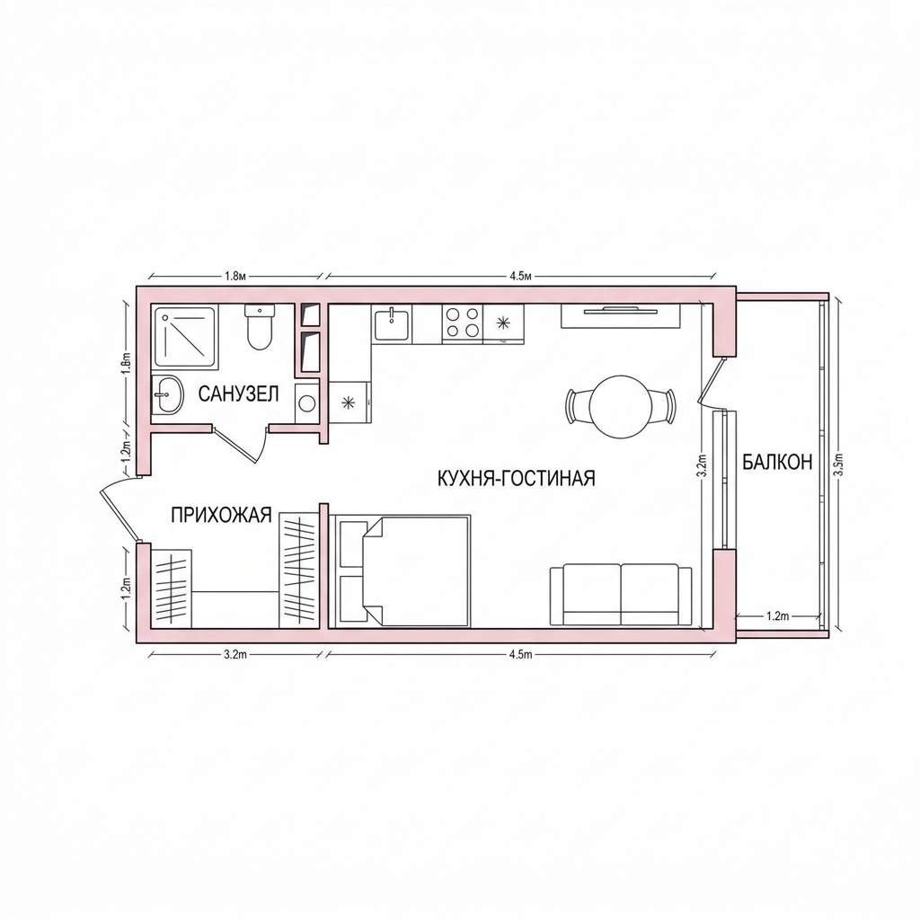 Планировка студия квартиры 28,16 м² в ЖК Волга